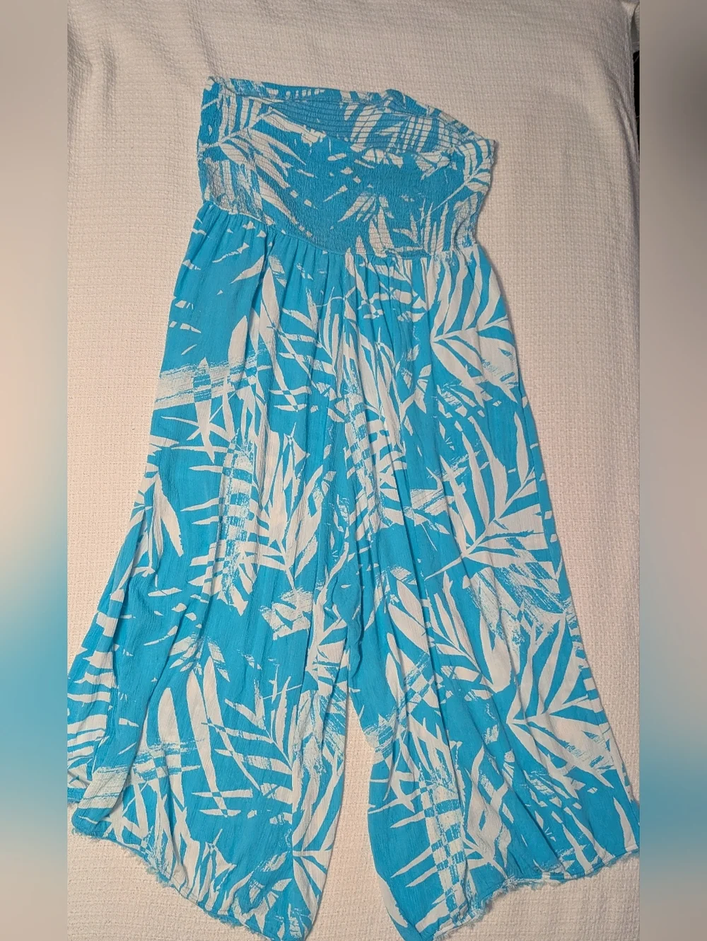 torrid Aqua and White Strapless Palm-Print Jumpsuit - Picture 3 of 9